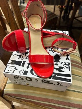 BAMBOO Red Patent Open-Toe Ankle Strap Heels